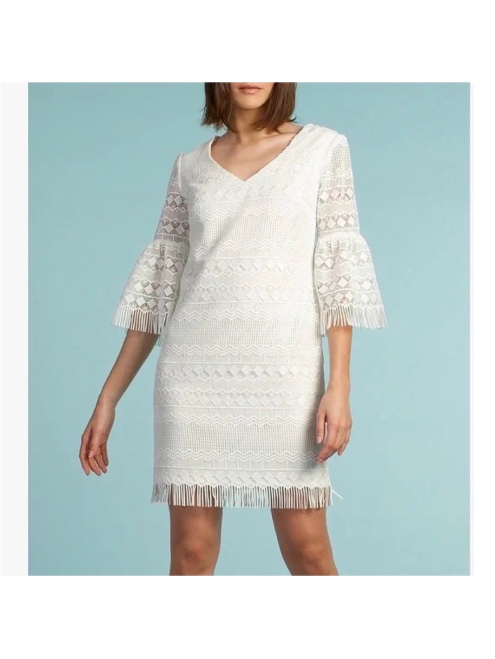 Trina Turk White Geometric Lace Shift Dress with Fringe
